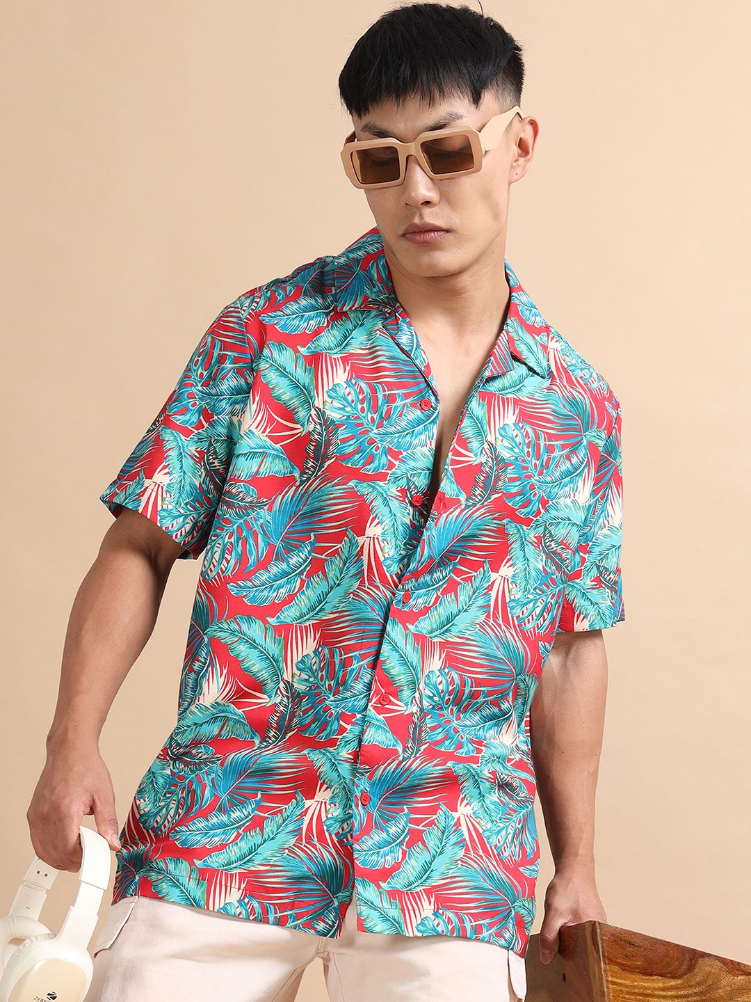 StitchX Men Short Sleeve Tropical Printed Cuban Collar Beach Shirt