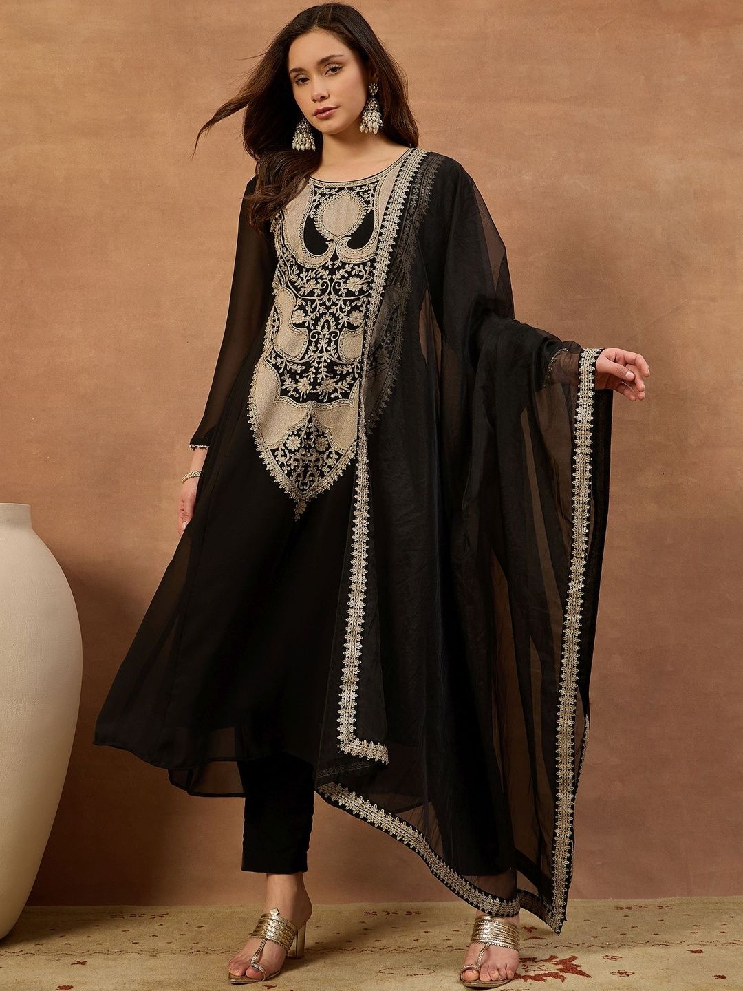 Women Embroidered Kurta with Trousers With Dupatta Inddus Women Ethnic Motifs Embroidered Regular Thread Work Kurta with Trousers & With Dupatta