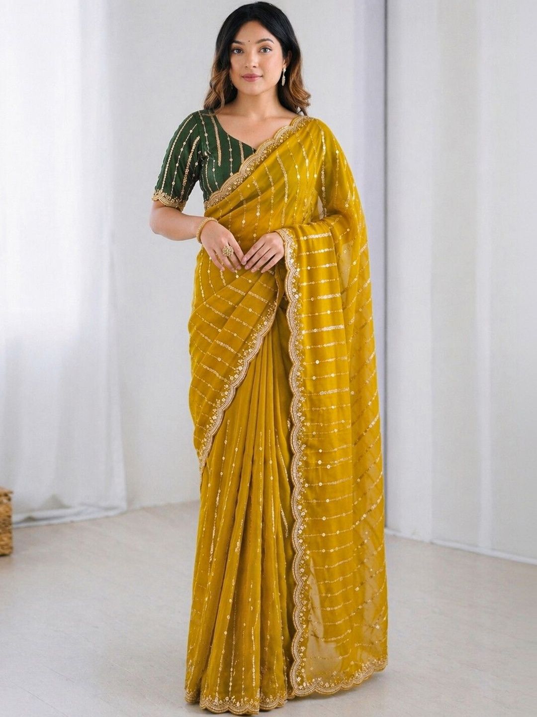Satrani Satrani Embellished Sequinned Georgette Heavy Work Saree With Designer Blouse