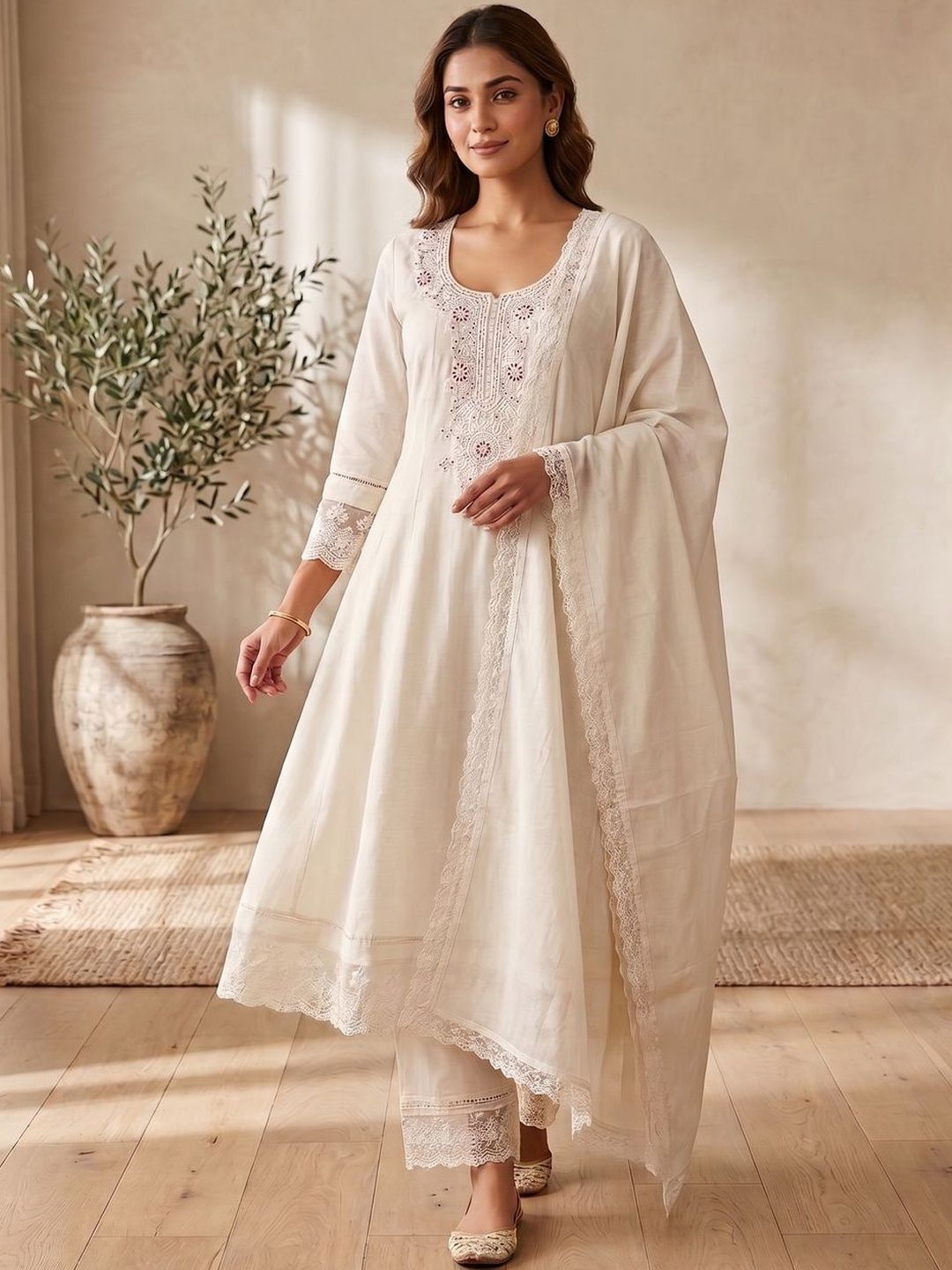 Women Embroidered Kurta with Trousers With Dupatta Inddus Women Ethnic Motifs Embroidered Empire Thread Work Kurta with Trousers & With Dupatta