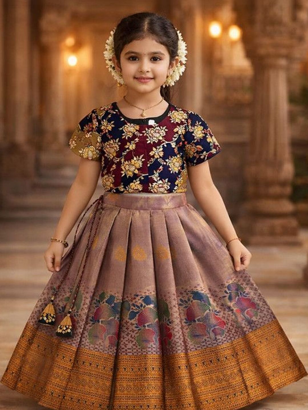 Ethzy Girls Round Neck Short Sleeves Ready to Wear Lehenga