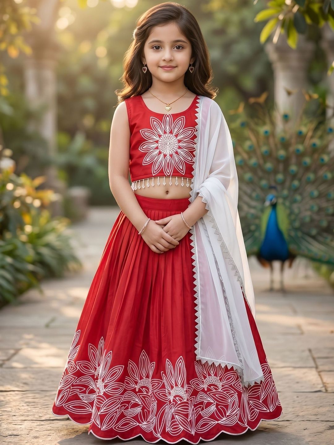 KALINI Girls Embroidered Thread Work Semi-Stitched Lehenga & Blouse With Dupatta