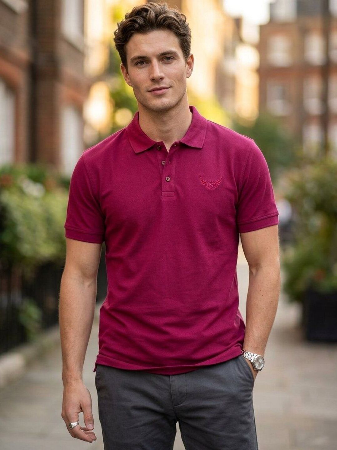 STRAY88 Maroon Polo Collar Short Sleeves T-shirt