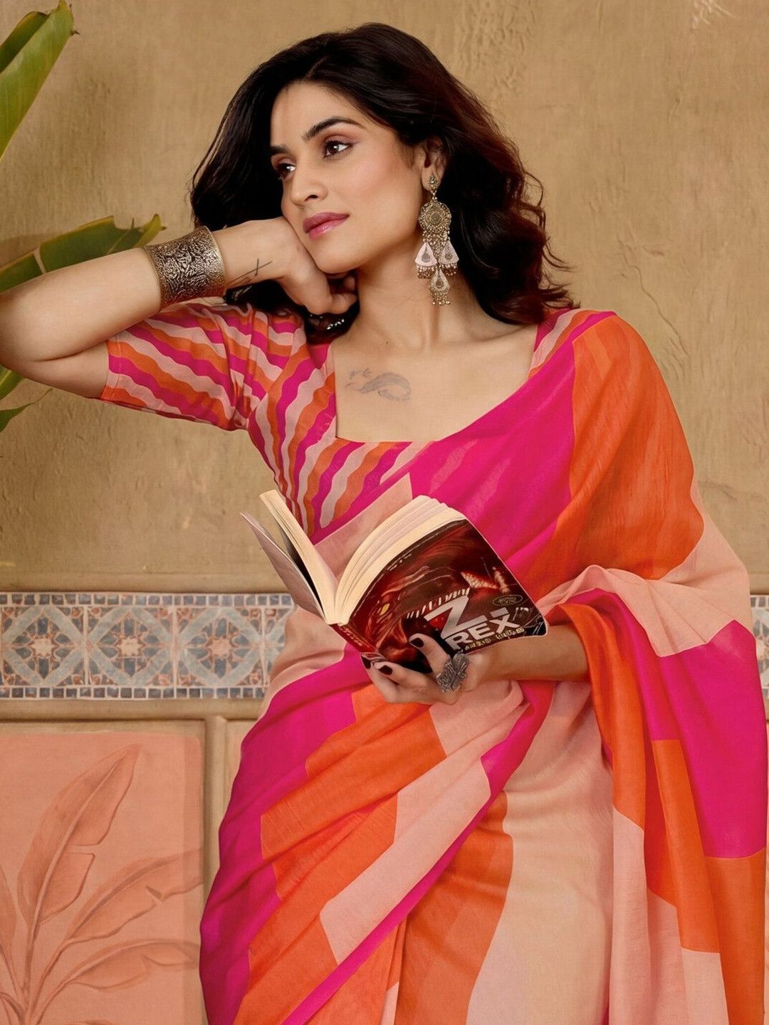 Sangria Sangria Printed Chanderi Ready to Wear Saree Blouse Piece