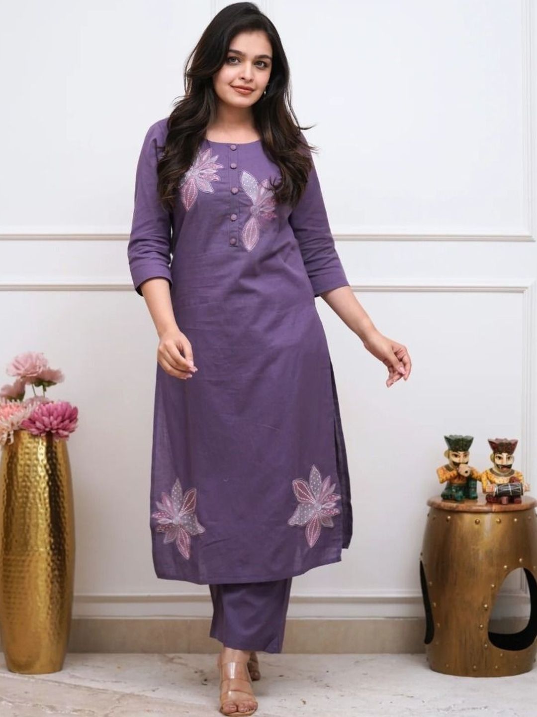 VIVANA Women Floral Embroidered Regular Thread Work Pure Cotton Kurta with Trousers
