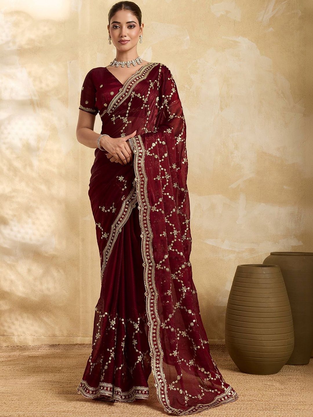 The Textile Hub The Textile Hub Embellished Embroidered Organza Heavy Work Saree
