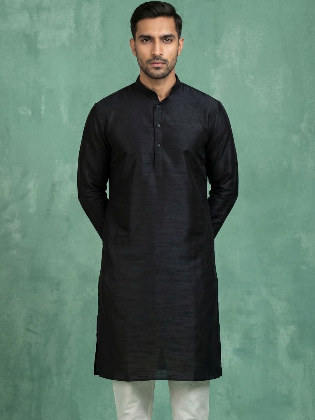 House of Pataudi Silk Mandarin Collar Knee Length Straight Kurtas