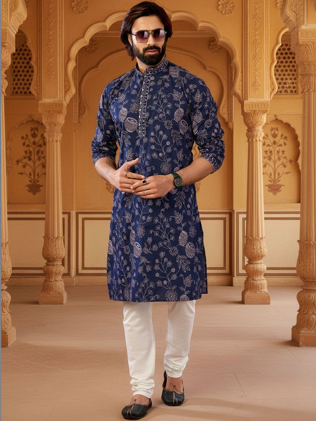RANGRAAG Men Floral Printed Thread Work Indie Prints Kurta