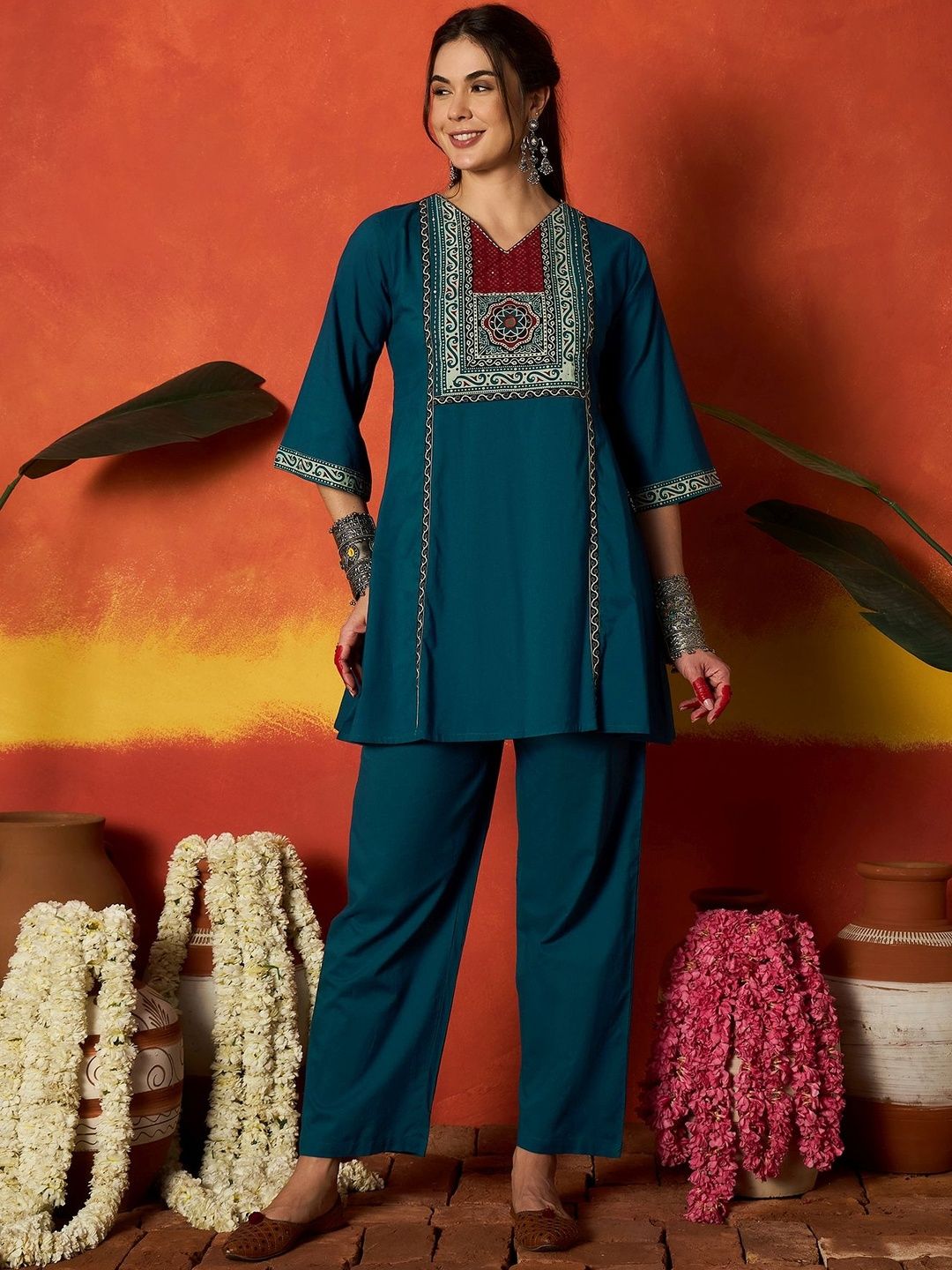 Pastels Embroidered Co-Ords Stylum Pastels Cotton Embroidered Tunic with Trousers