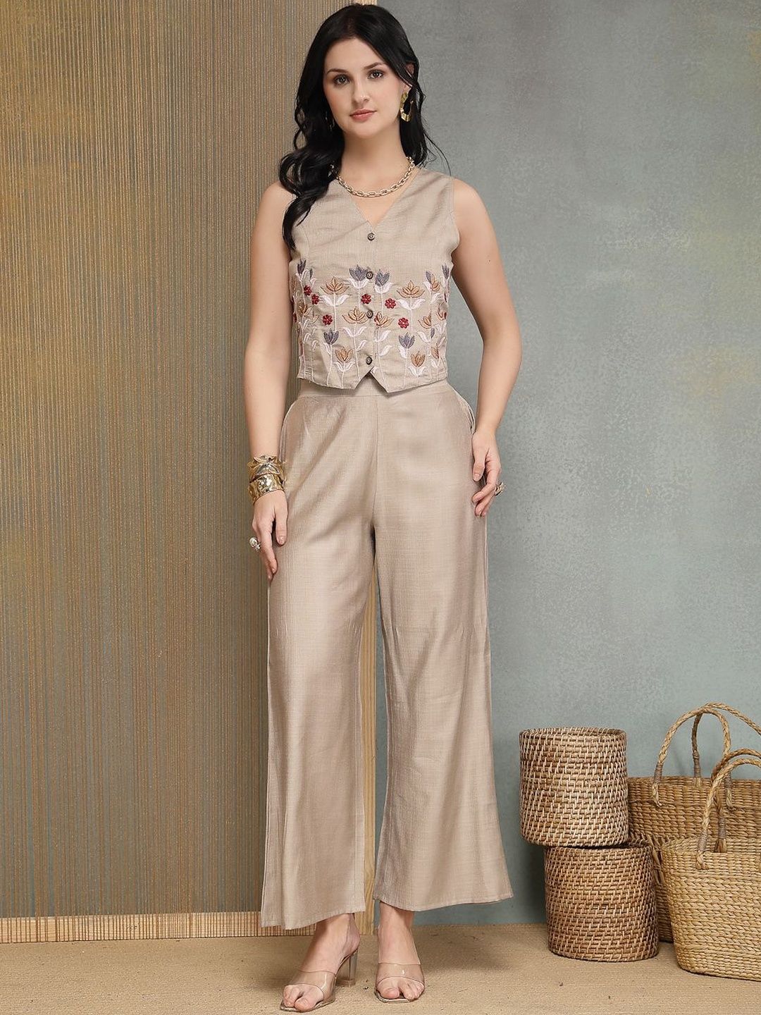 Pastels Embroidered Co-Ords Stylum Pastels Embroidered Vest Top with Palazzos