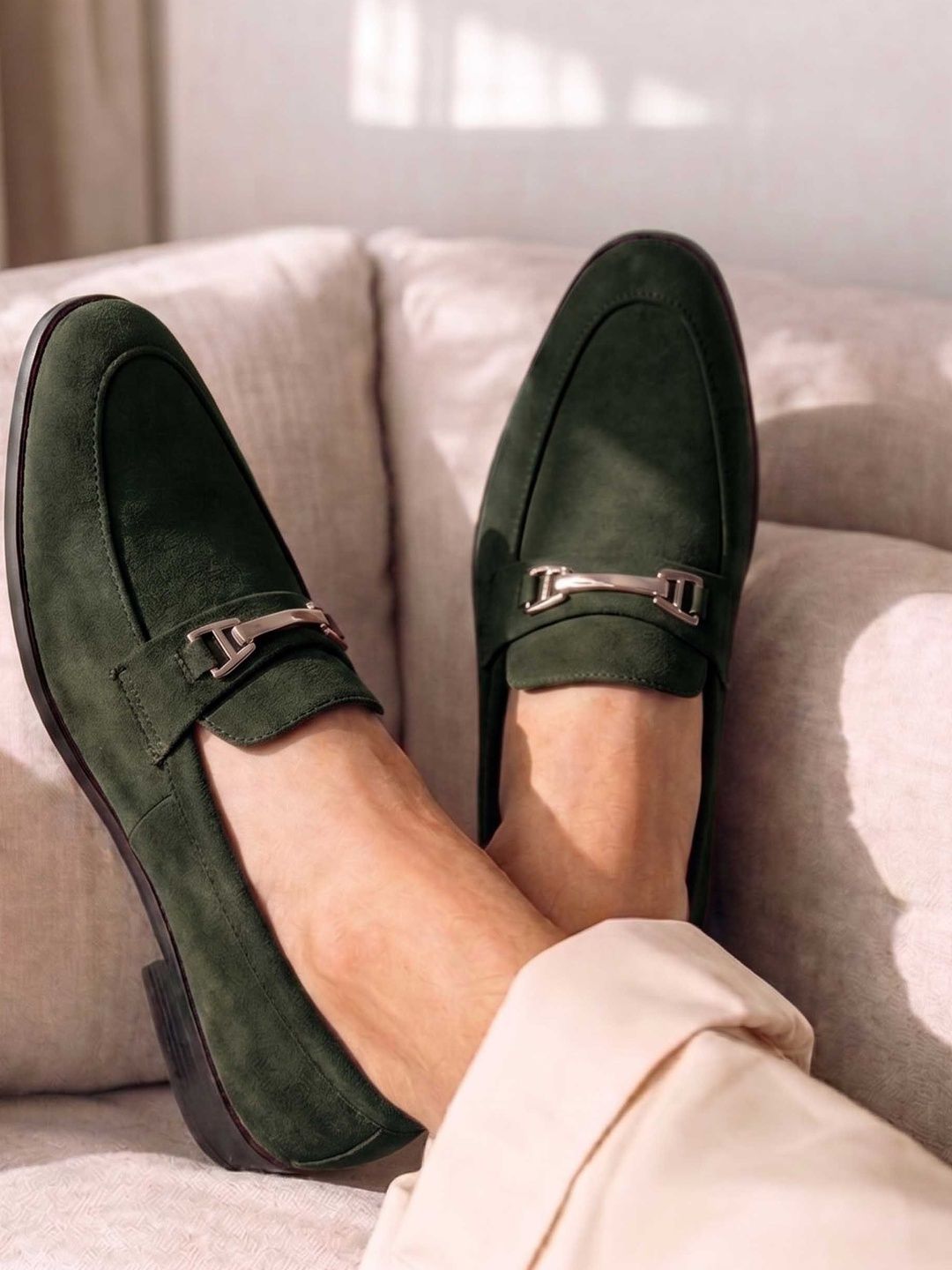 HERE&NOW Men Olive Green Textured Horsebit Formal Loafers