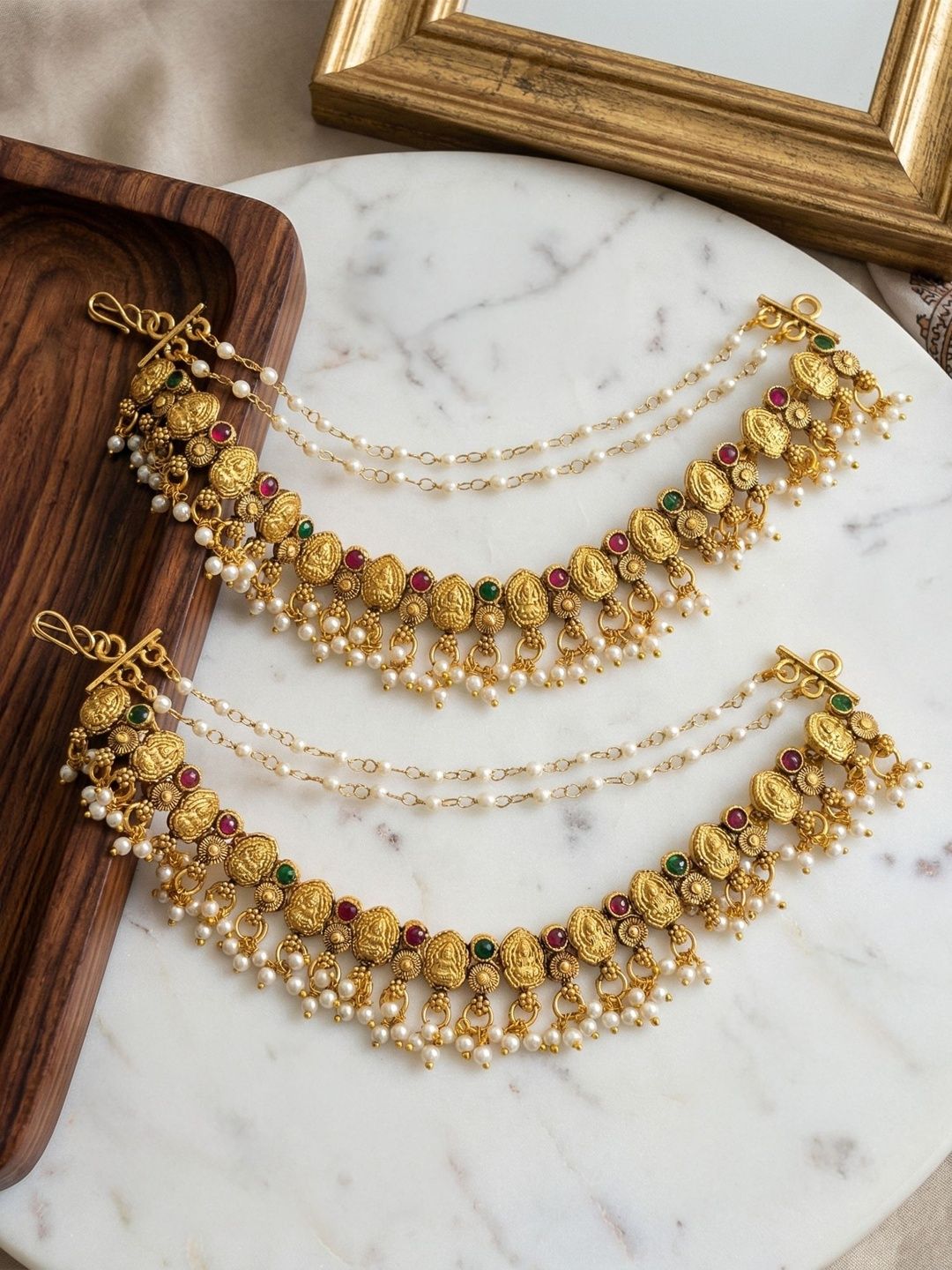 Gold-Plated Antique Ear Chains Yellow Chimes Gold-Plated Stones Studded & Beaded Contemporary Ear Chains