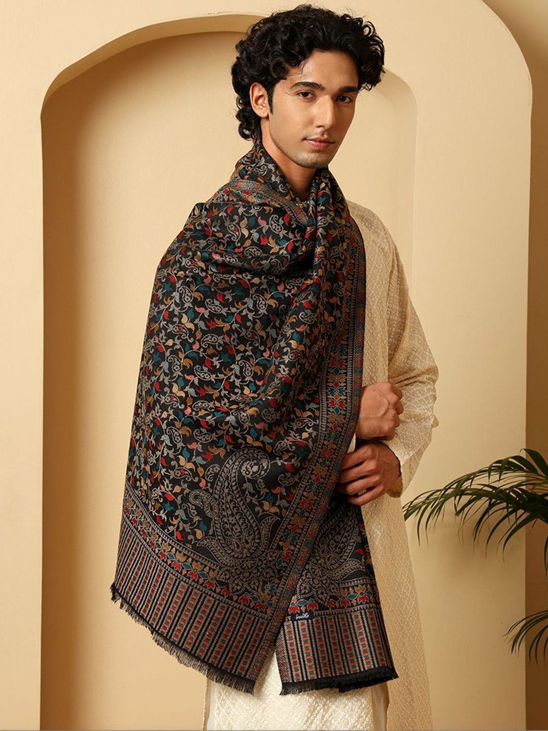 Tweedle Men Ethnic Kashmiri Kani Woven Design Stole with Fringed Border