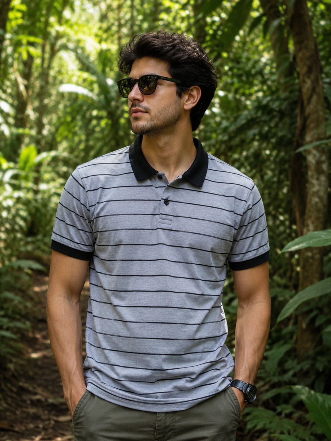 The Roadster Lifestyle Co Striped Cotton Polo Collar T-shirt