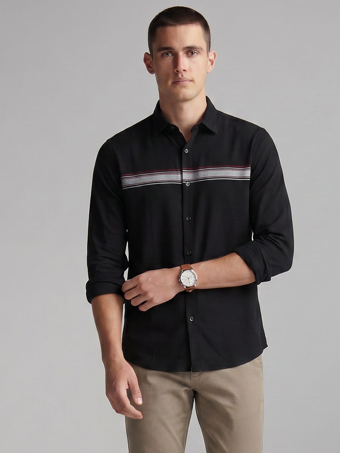 Slim Fit Pure Cotton Shirt Louis Philippe Sport Men Slim Fit BCI Cotton Brushed Twill Engineered Stripe Casual Shirt
