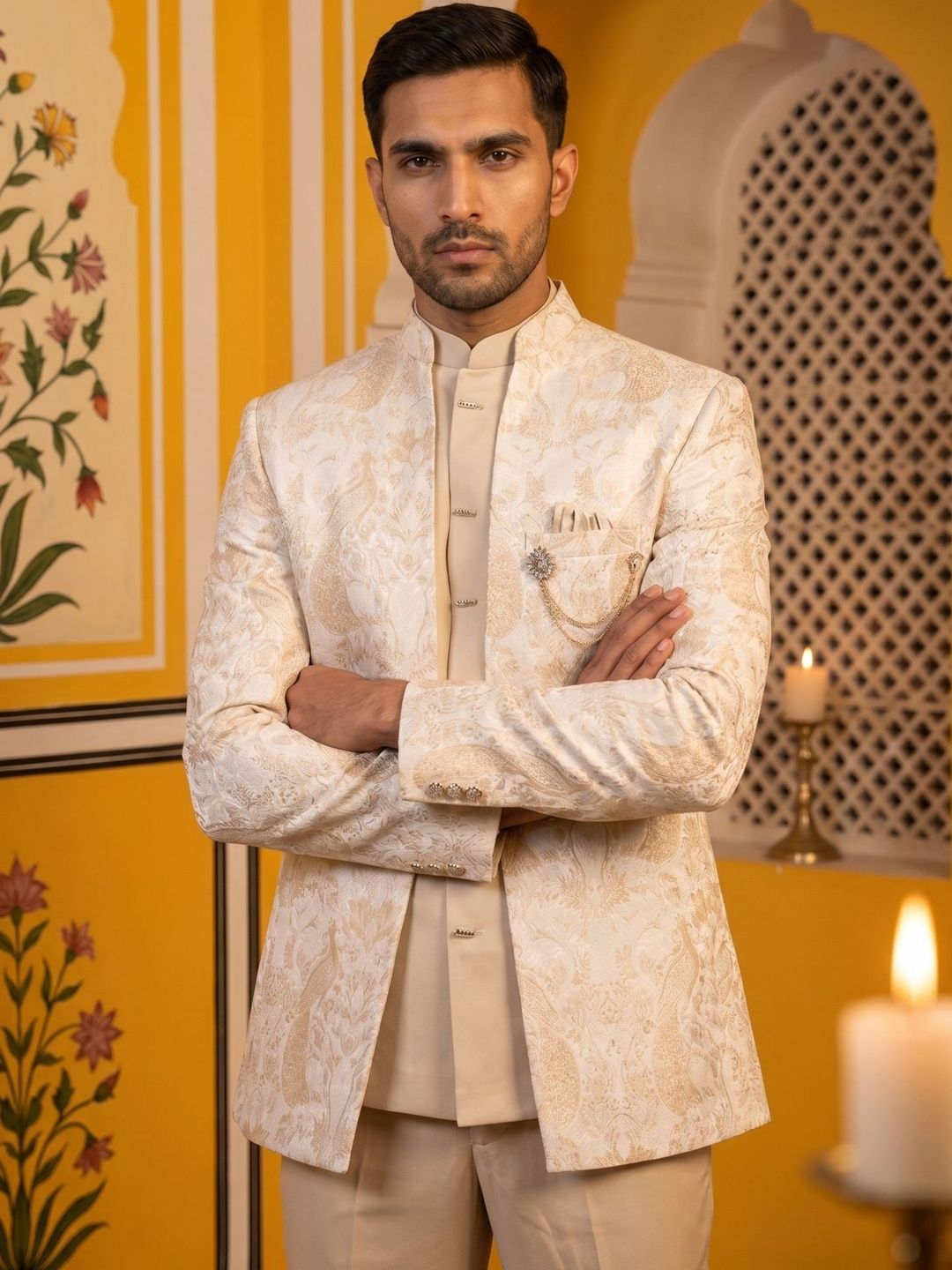 Jompers Self Design Mandarin Collar Sherwani