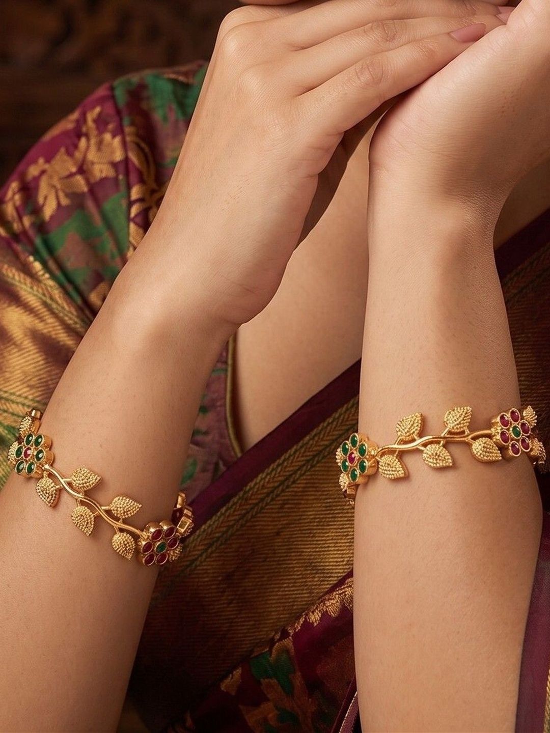 Nui Set of 2 Gold-Plated Antique Beaded Bangles
