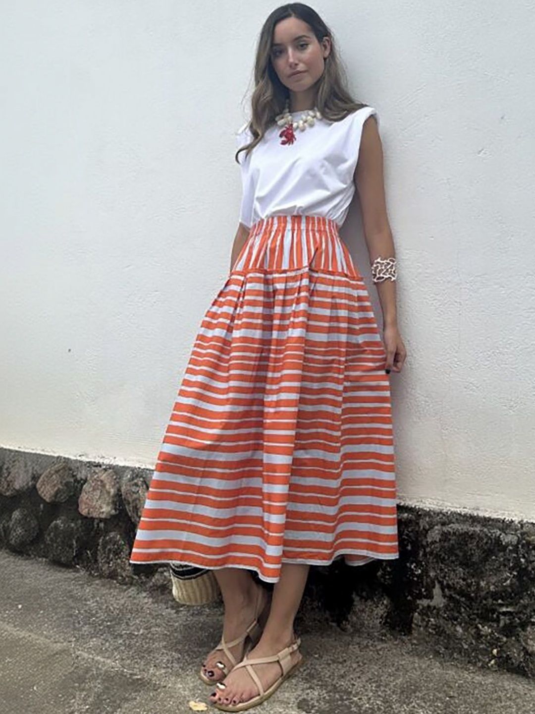 JC Mode Women Striped Nautical Midi A-Line Skirt