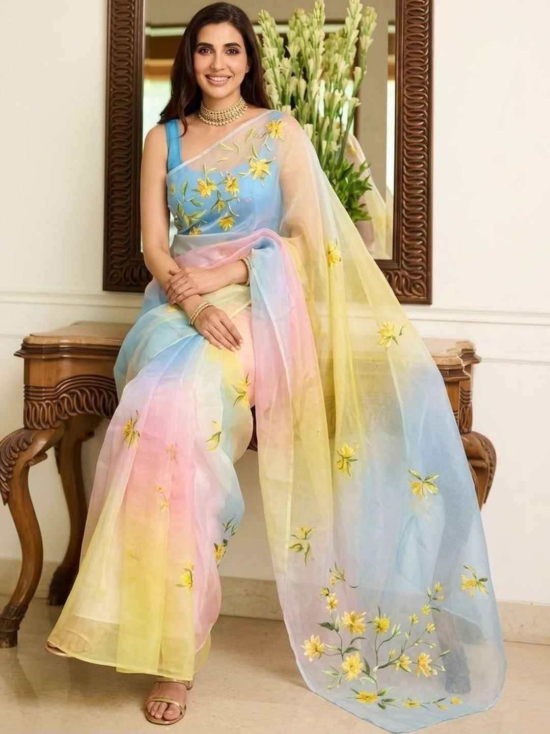 Sangria Floral Printed Sarees With Unstitched Blouse Piece