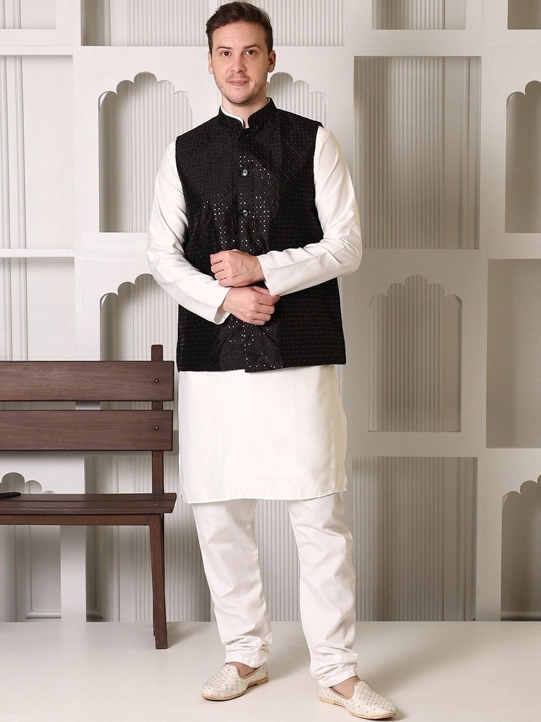 SHROBH Embroidered Cotton Blend Satin Nehru Jackets