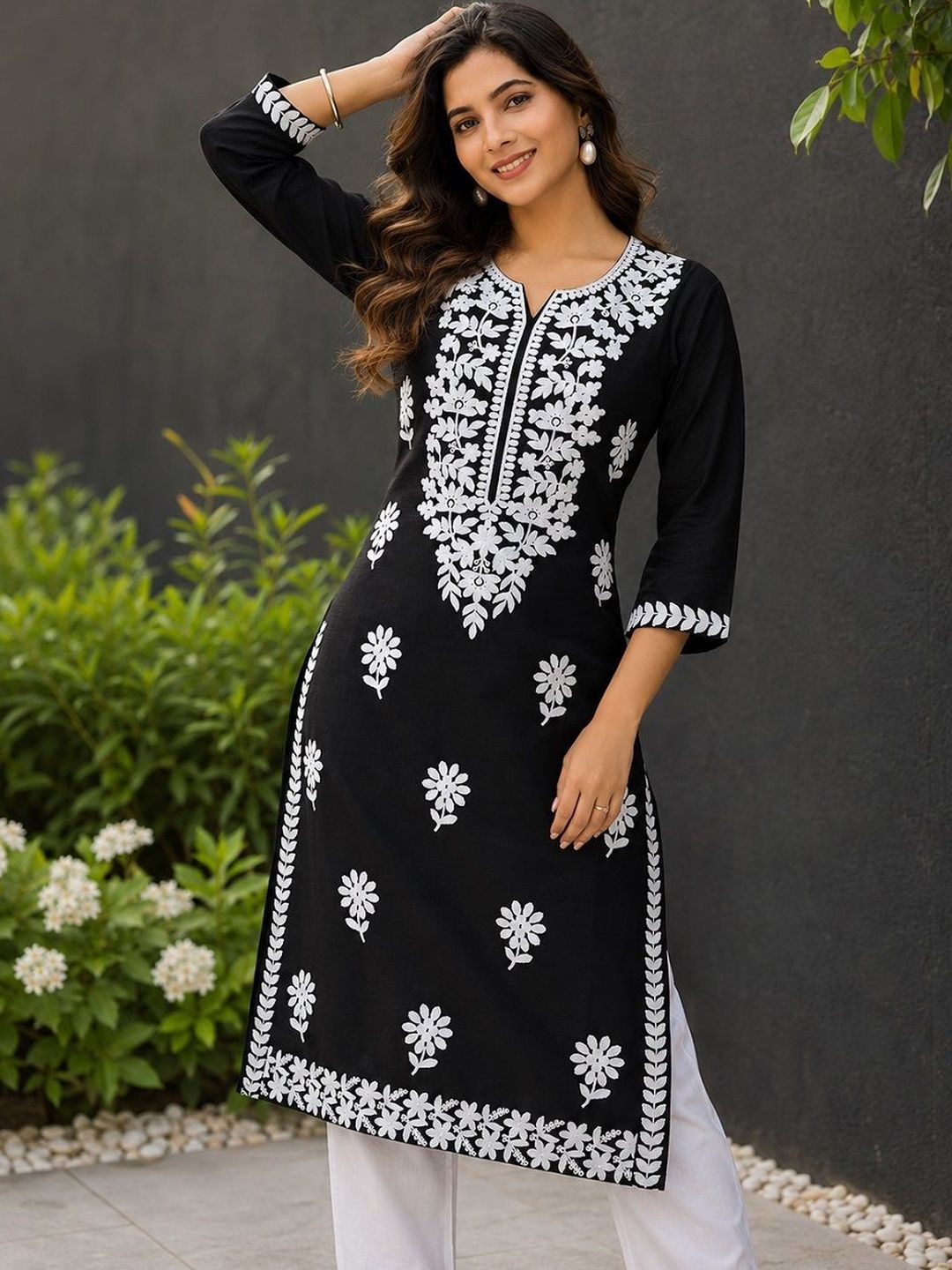 princess polly baby blue dress Muslin Chikankari Kurti - Black main image 1