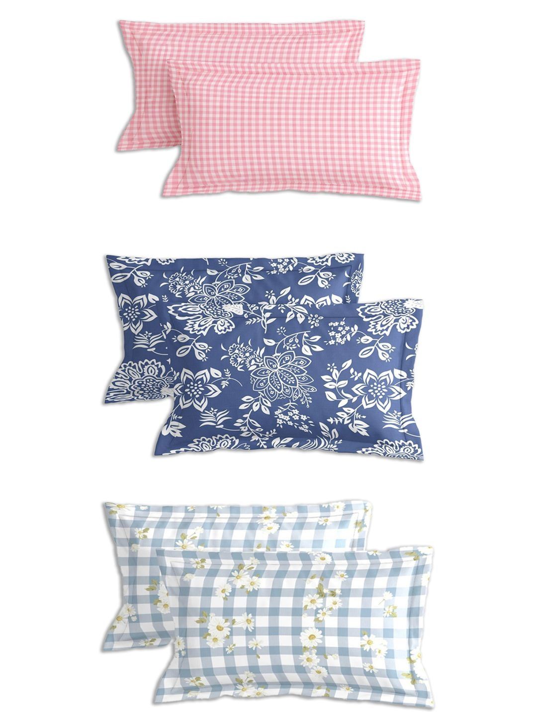 BREVARD BREVARD Pink & White 6 Pieces Checked Pure Cotton Blend Rectangle Pillow Covers