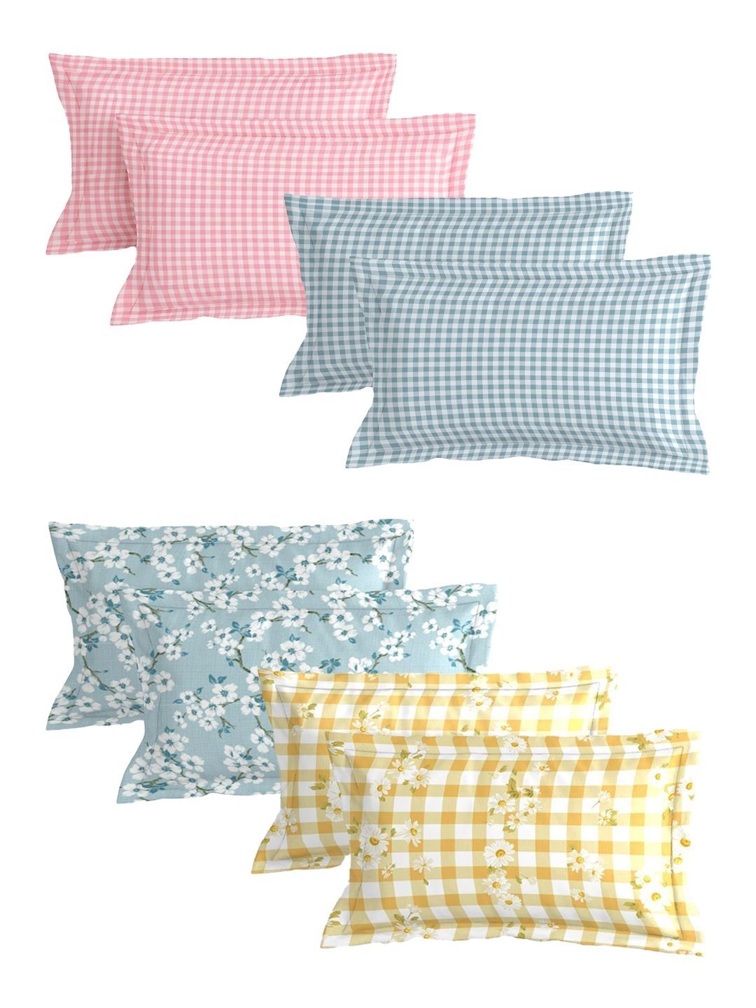 BREVARD BREVARD Yellow & Pink 8 Pieces Checked Pure Cotton Blend Rectangle Pillow Covers