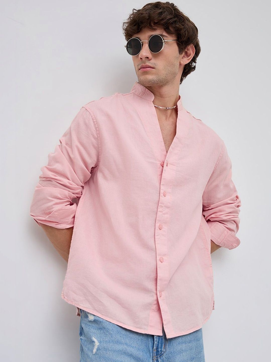 VASTRADO Mist Pink Linen Blend Stand Collar Oversized Shirt