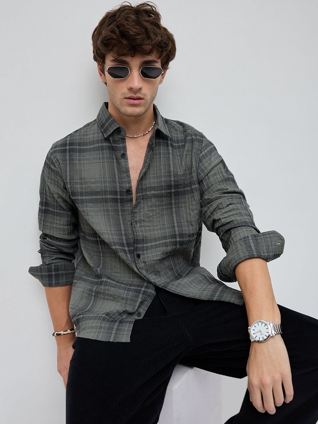 VASTRADO Olive & Black Plaid Checks Textured Shirt