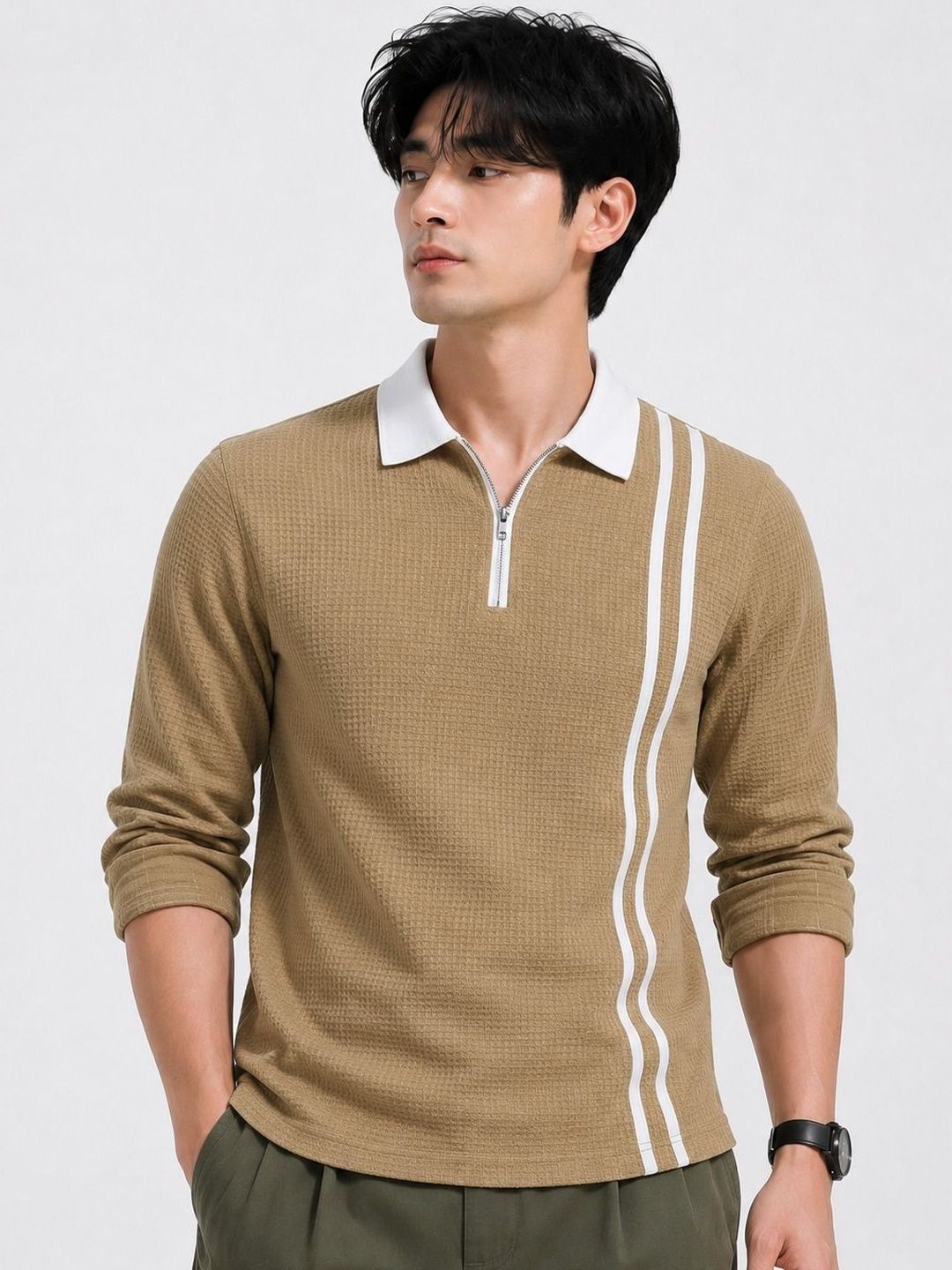 Try This Men Striped Polo Collar T-shirt