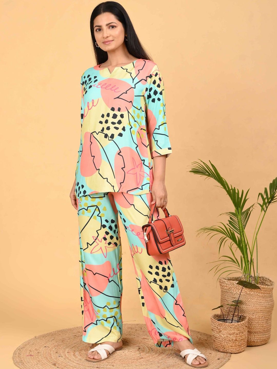 Minelli Tropical Bamboo Printed Top with Palazzos