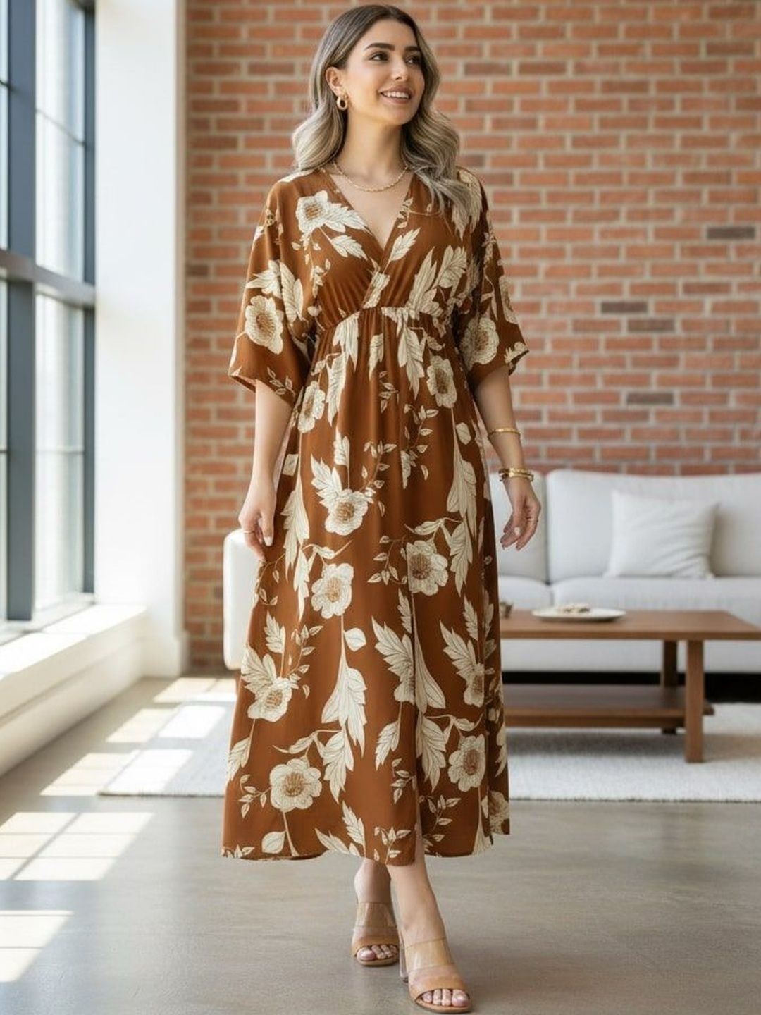 Floral Print A-Line Midi Kimono Sleeve Dress Anouk Floral Print Kimono Sleeve A-Line Midi Dress