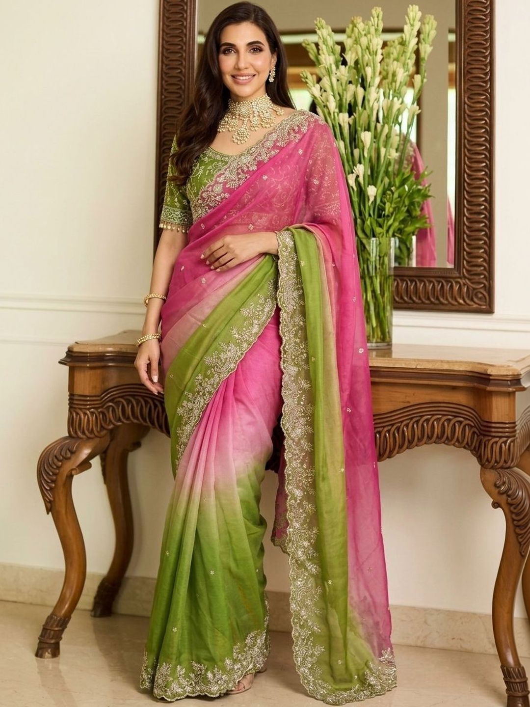 Sangria Embroidered Banarasi Sarees With Unstitched Blouse Piece
