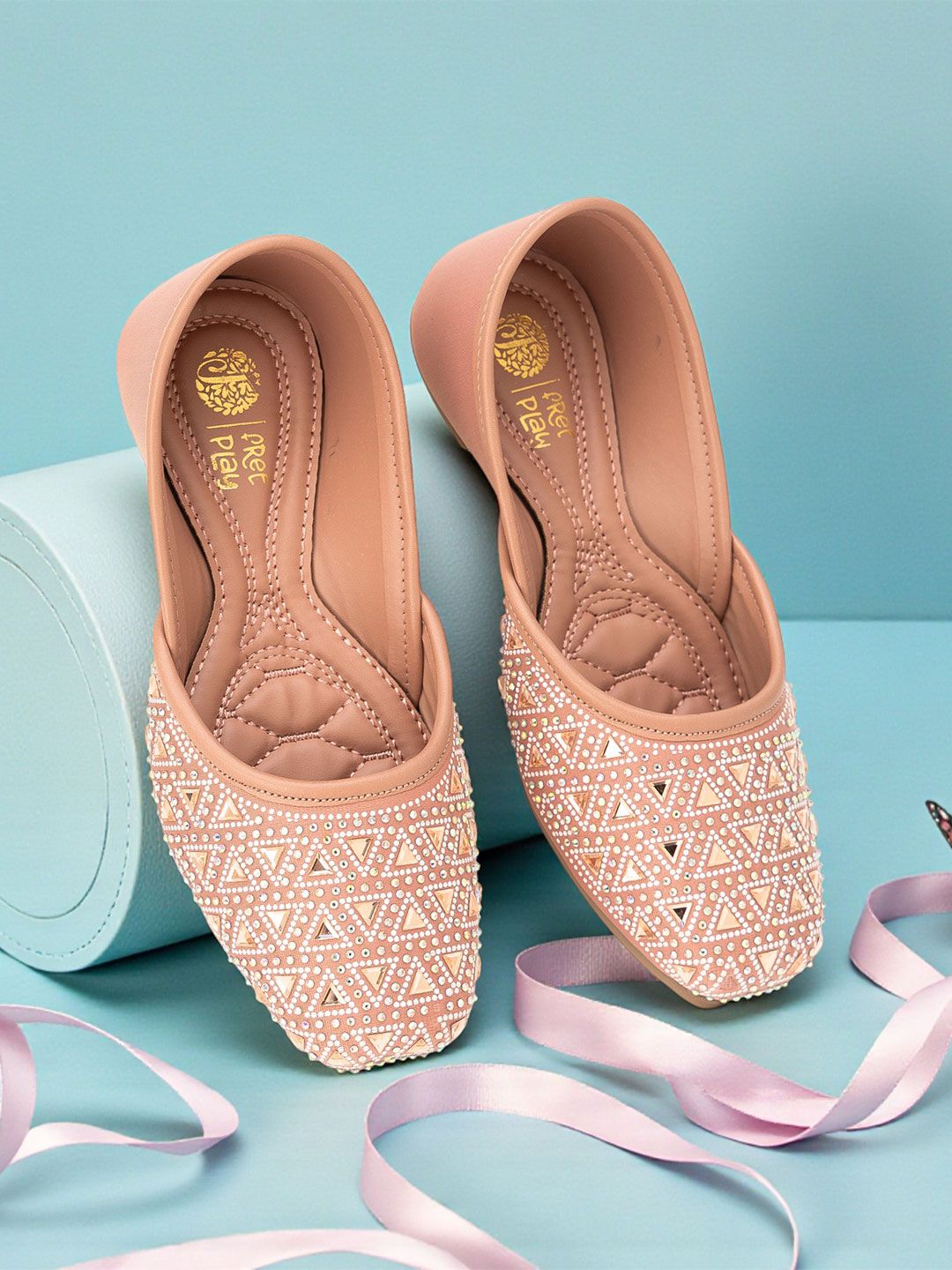 Freeplay Girls Pink Synthetic Leather Slip On Embellished Square Toe Mojaris