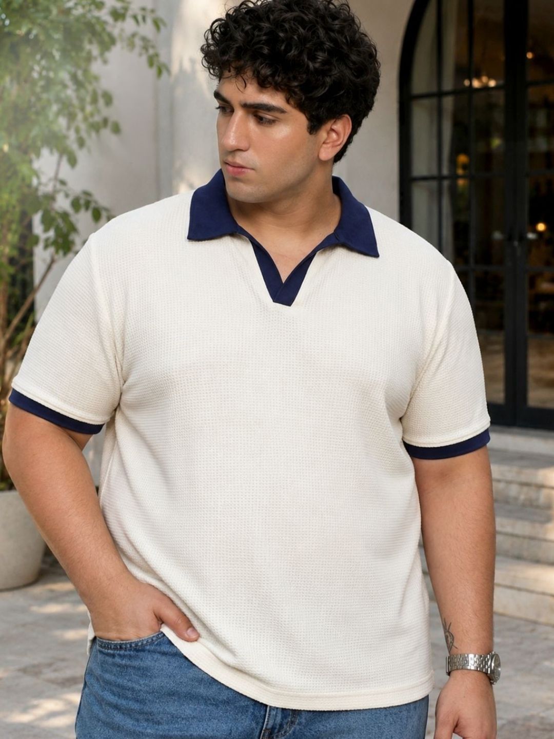 Sztori Men Off-White Self-Textured Waffle Contrast Collar Half Sleeve Polo T-Shirt