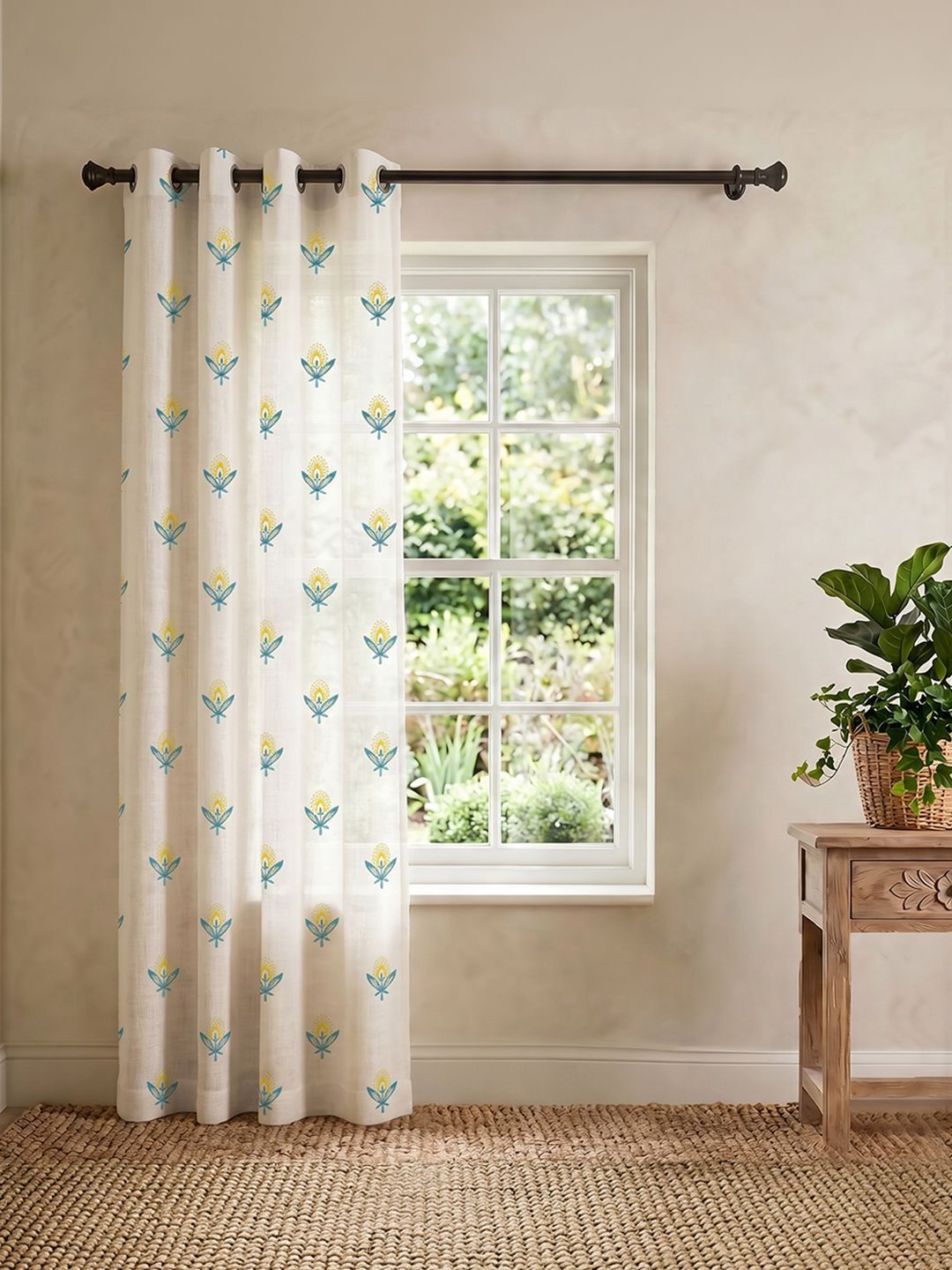 URBAN SPACE White & Teal Embroidered Sheer Door Curtain