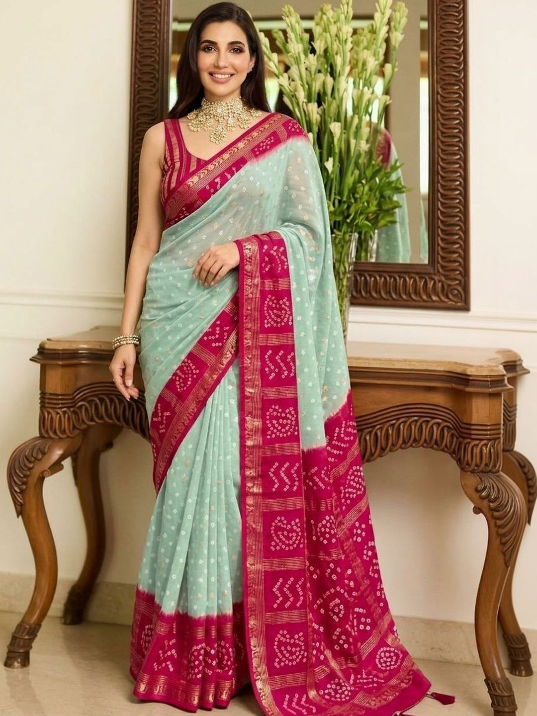 Sangria Bandhani Printed Sarees With Unstitched Blouse Piece