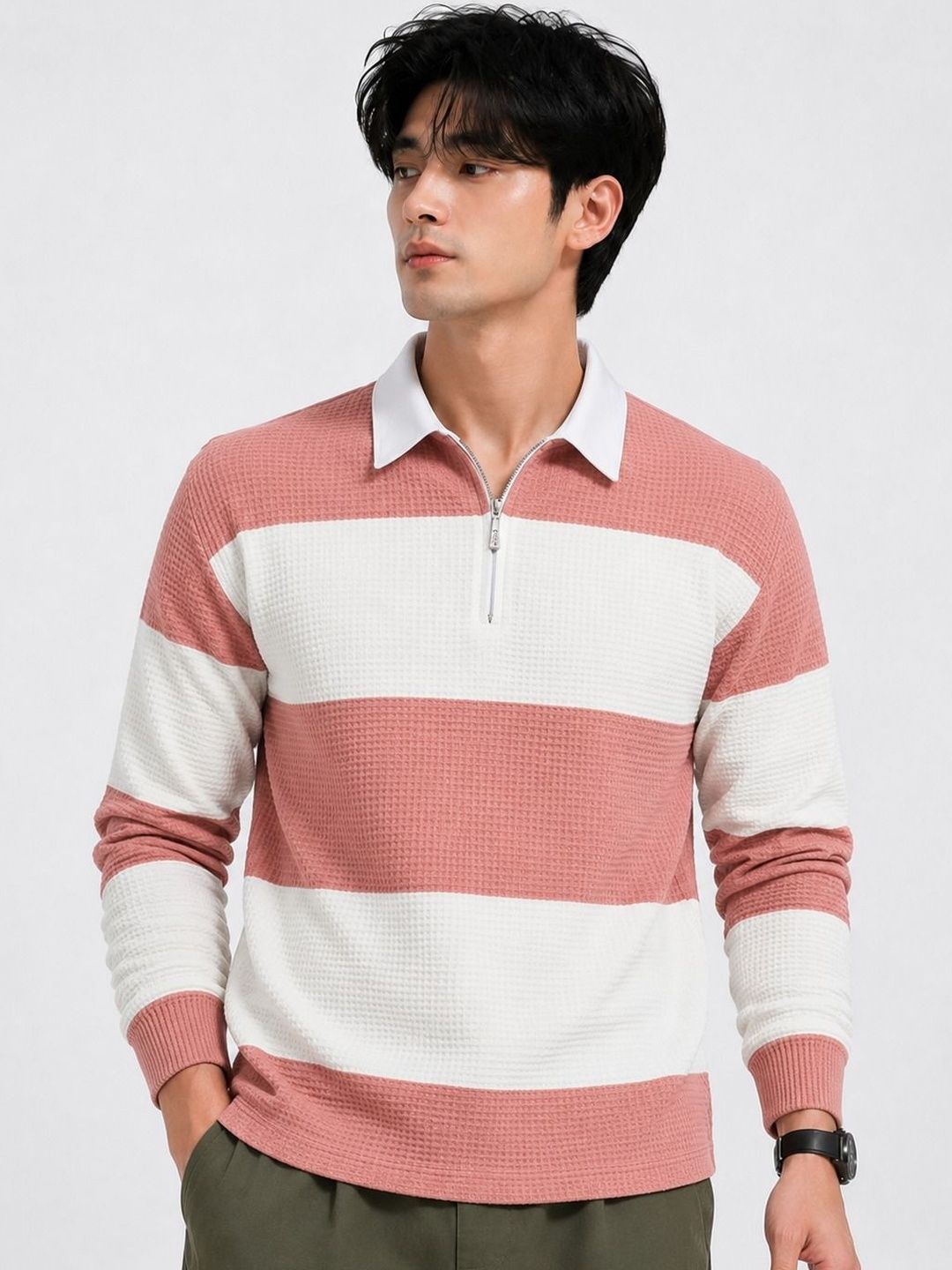 Try This Men Striped Polo Collar T-shirt