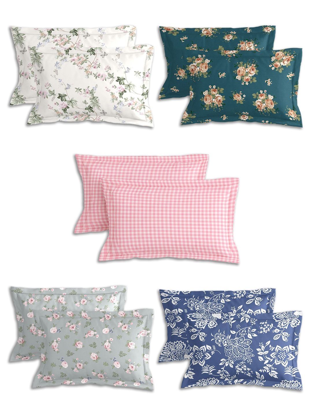 BREVARD BREVARD Pink & Blue 10 Pieces Floral Pure Cotton Blend Rectangle Pillow Covers
