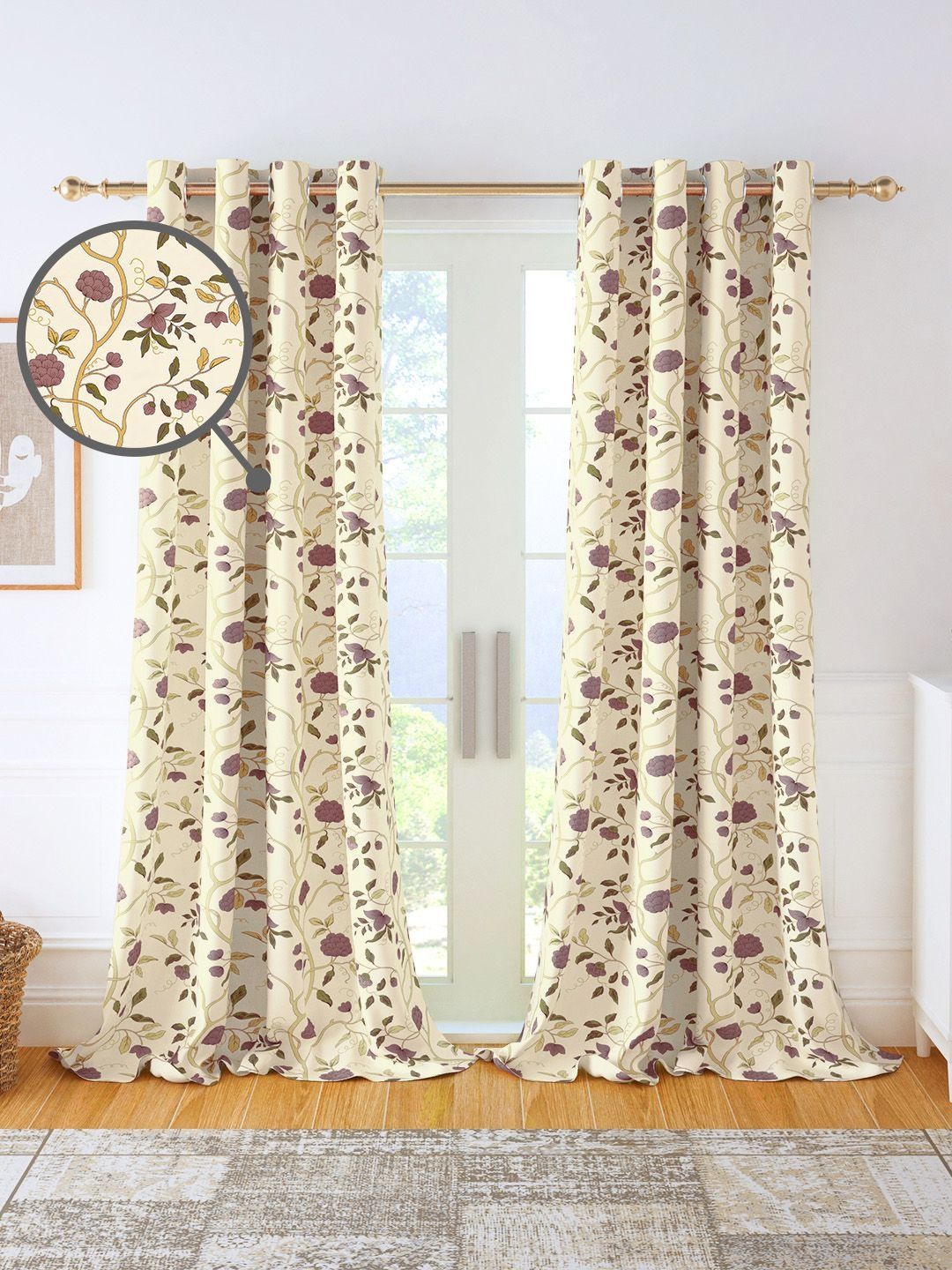 Pack 2 LongDoor Cotton Curtain Story@home Beige & Brown Set of 2 Floral Room Darkening Long Door Curtain