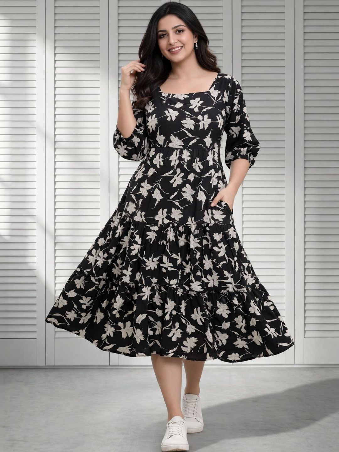 SZN Floral Print Crepe Fit & Flare Midi Dress