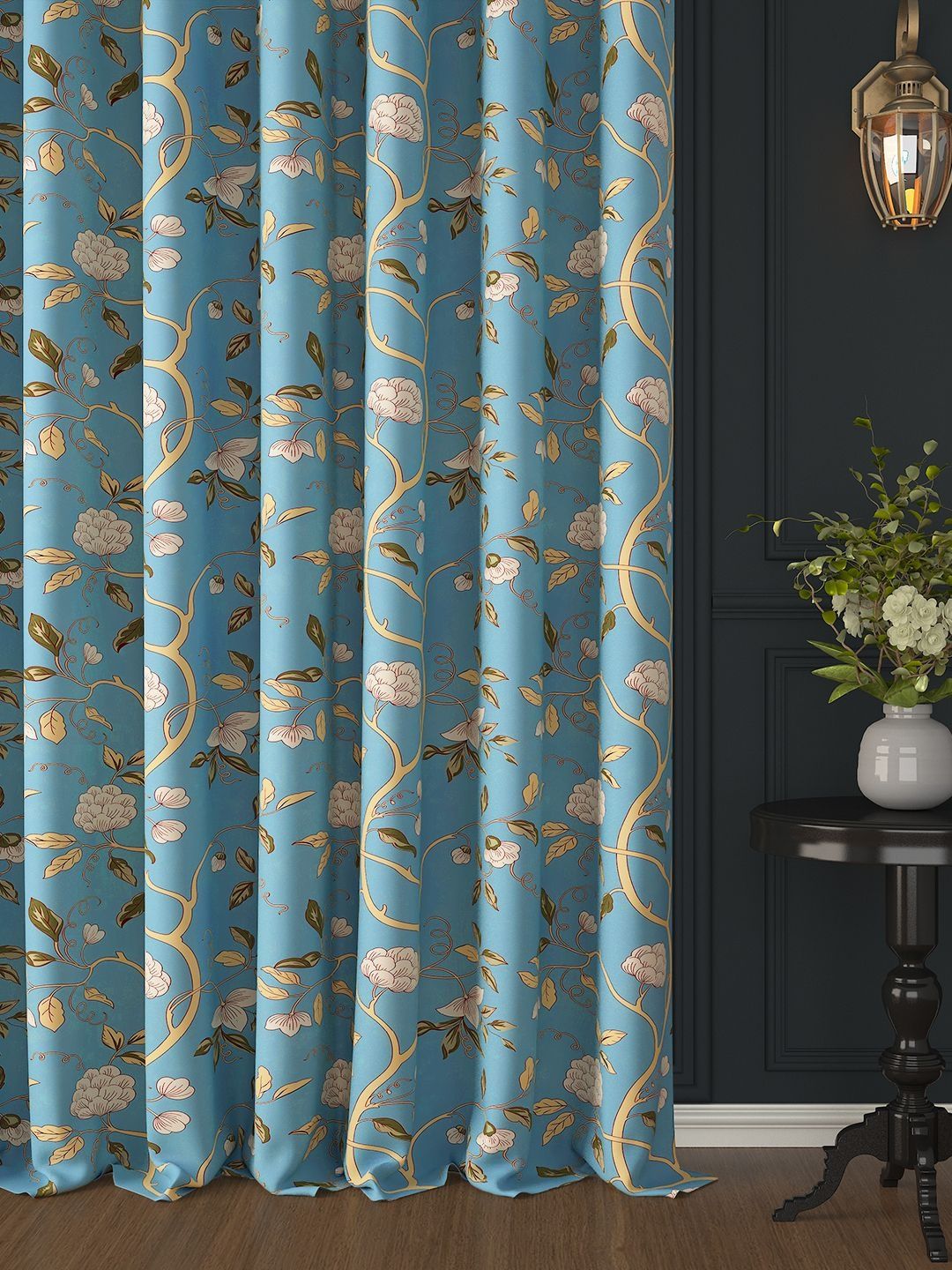 Set Of 2 Door Cotton Curtain Story@home Blue & Beige Set of 2 Floral Printed Room Darkening Door Curtain