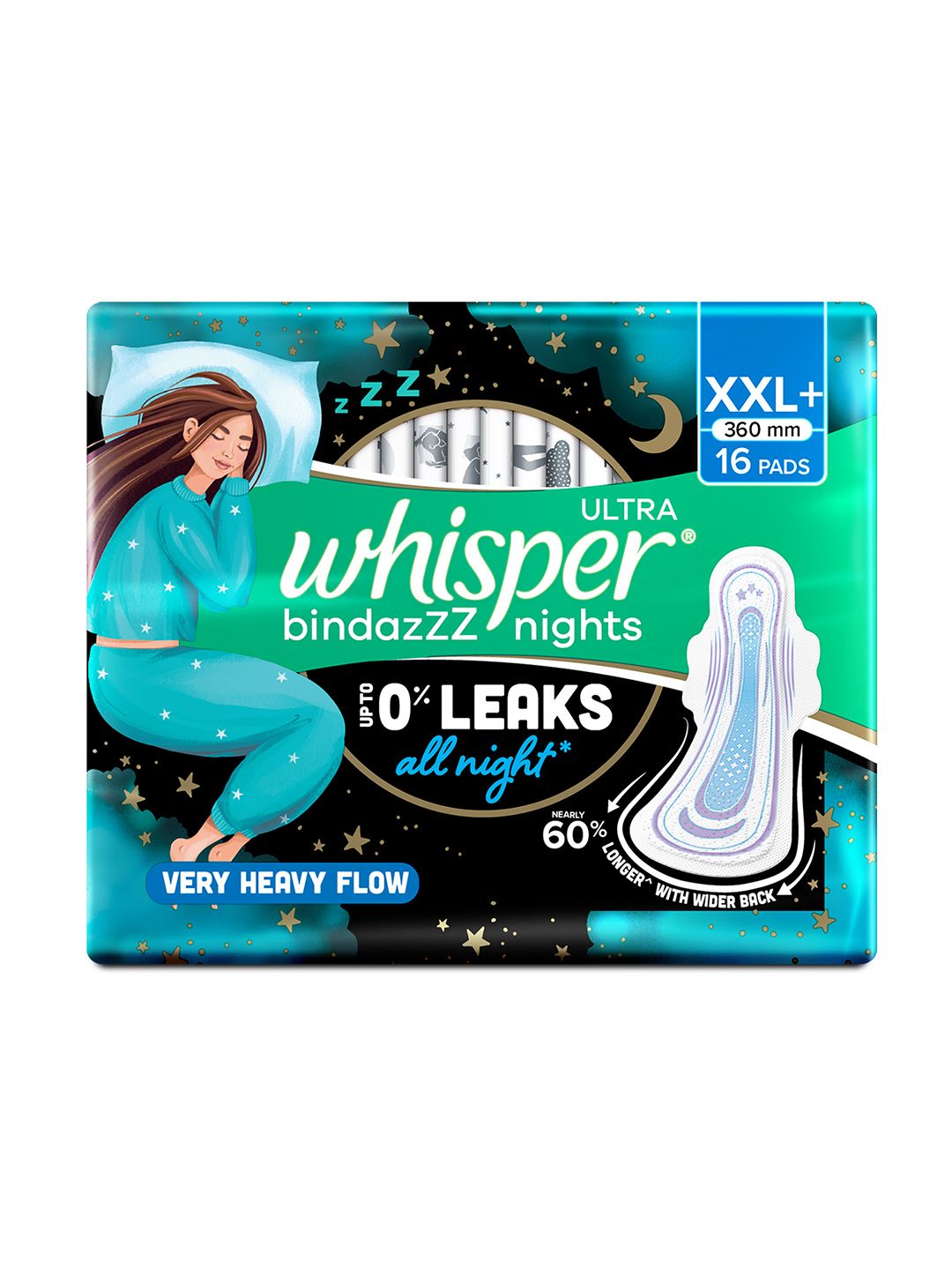 Whisper Whisper Bindazzz Nights XXL+ Sanitary Pads with Upto 0% Leaks All Night Long - 16 Pads