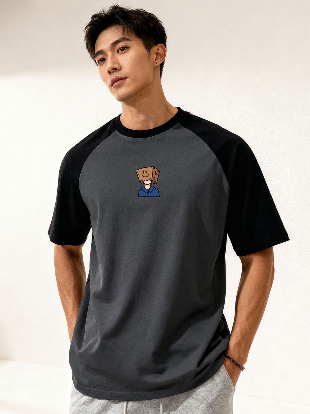 TOM MILTON Men Grey Raglan Sleeve Round Neck T-Shirt