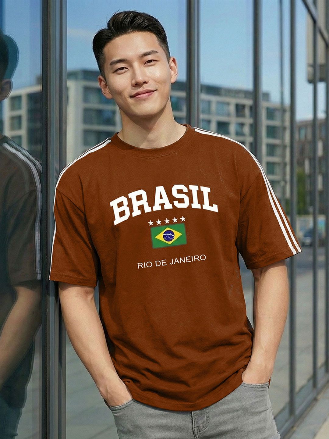 TOM MILTON Men Brown Round Neck Half Sleeve Net Folding Oversized Tshirt