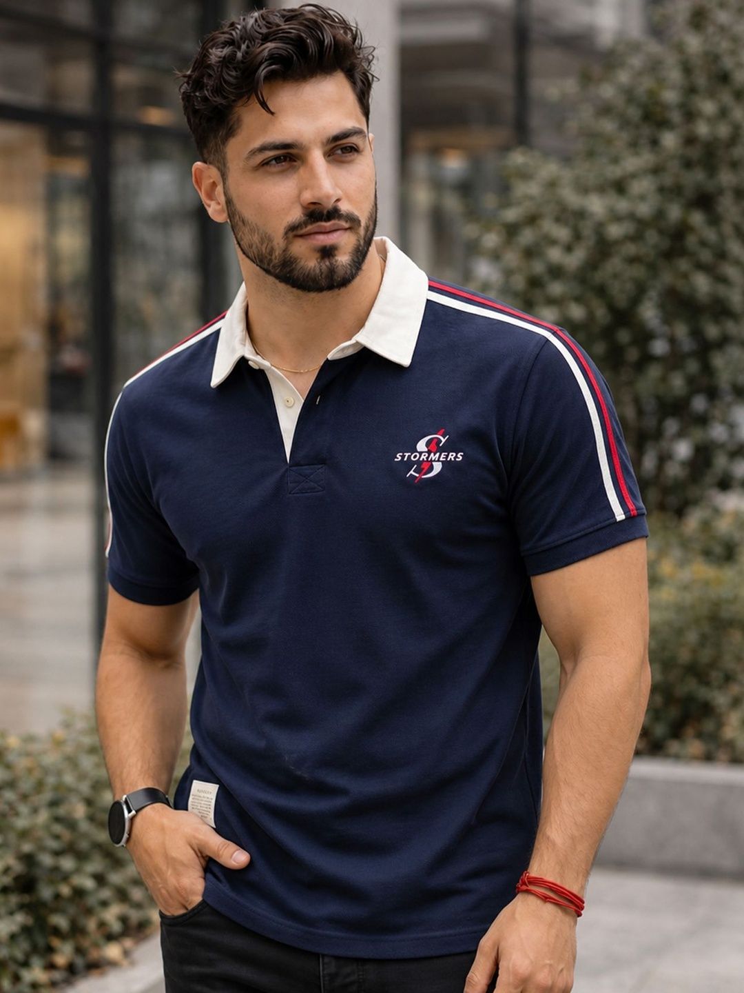 Utopium Men Brand Logo Printed Polo Collar Pure Cotton T-shirt