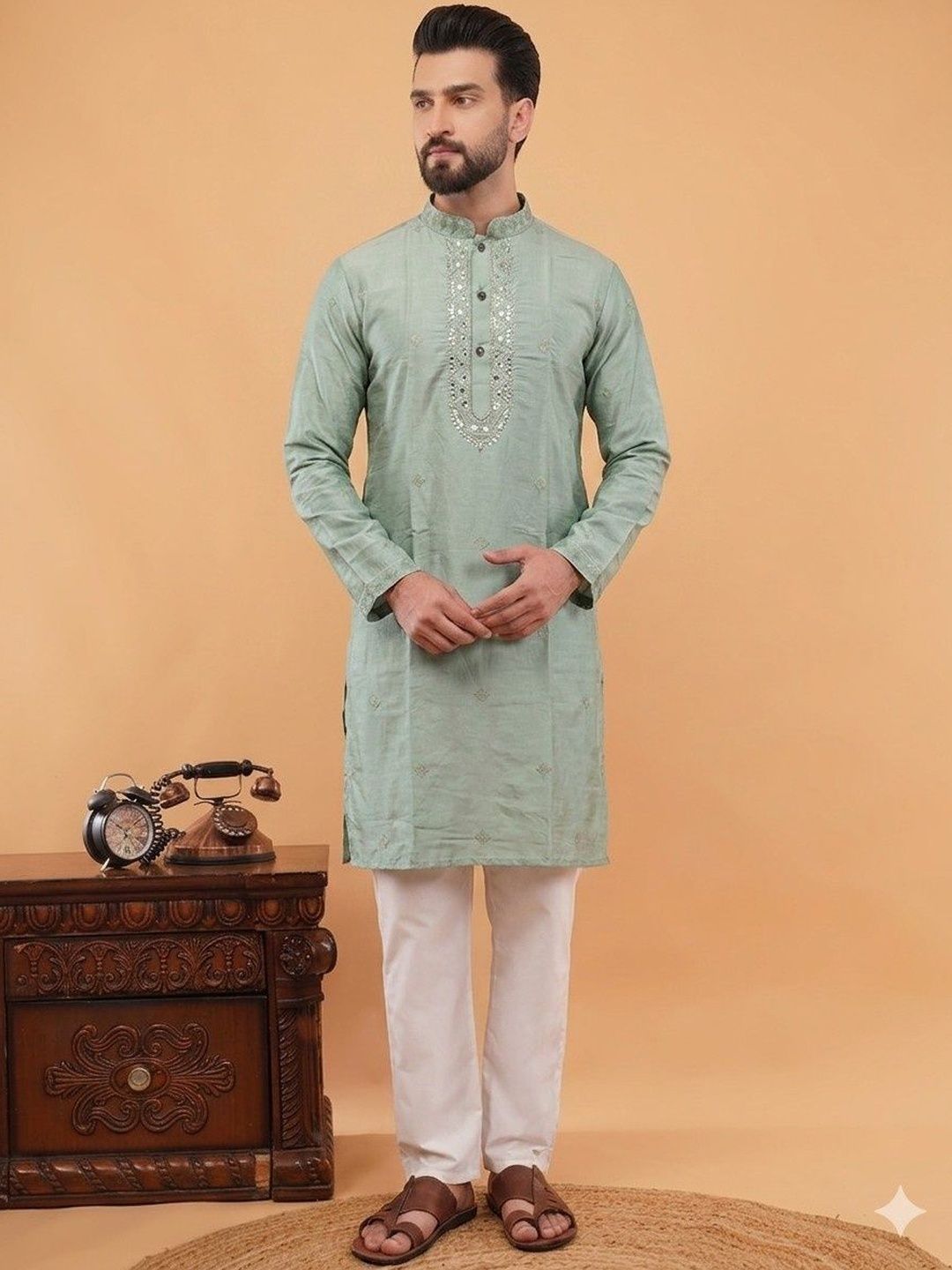 CHIRASVI Men Silk Embellished Mirror Work Kurta