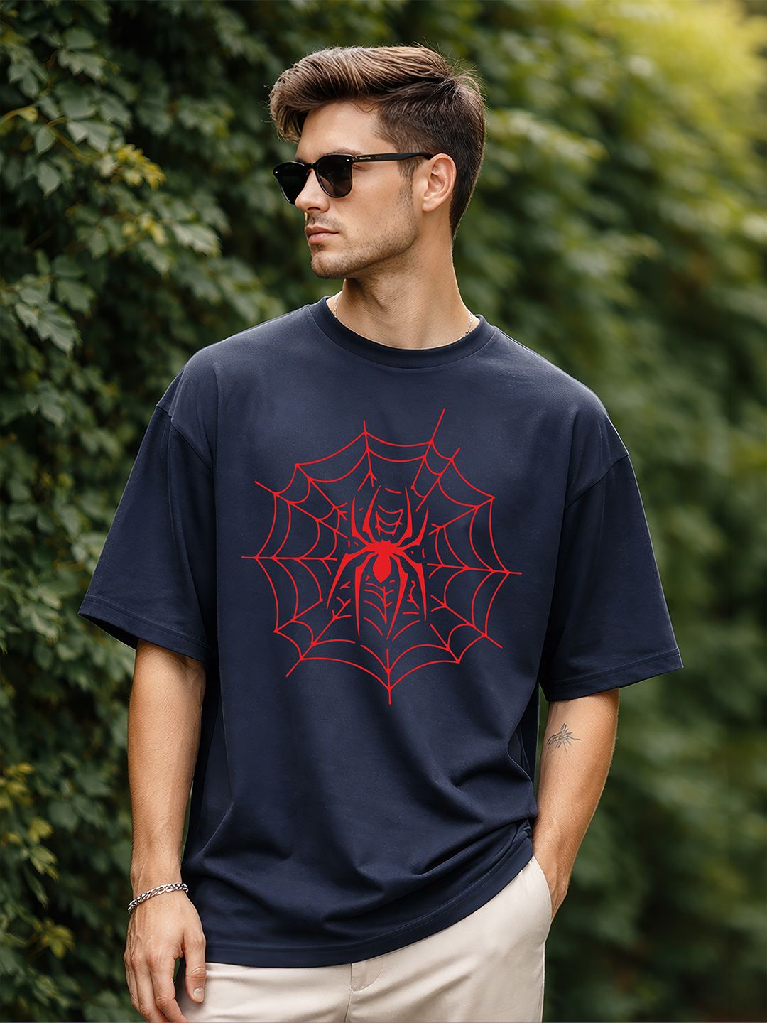 BENNY BROOKS Men Navy Round Neck Half Sleeve Oversized Tshirt