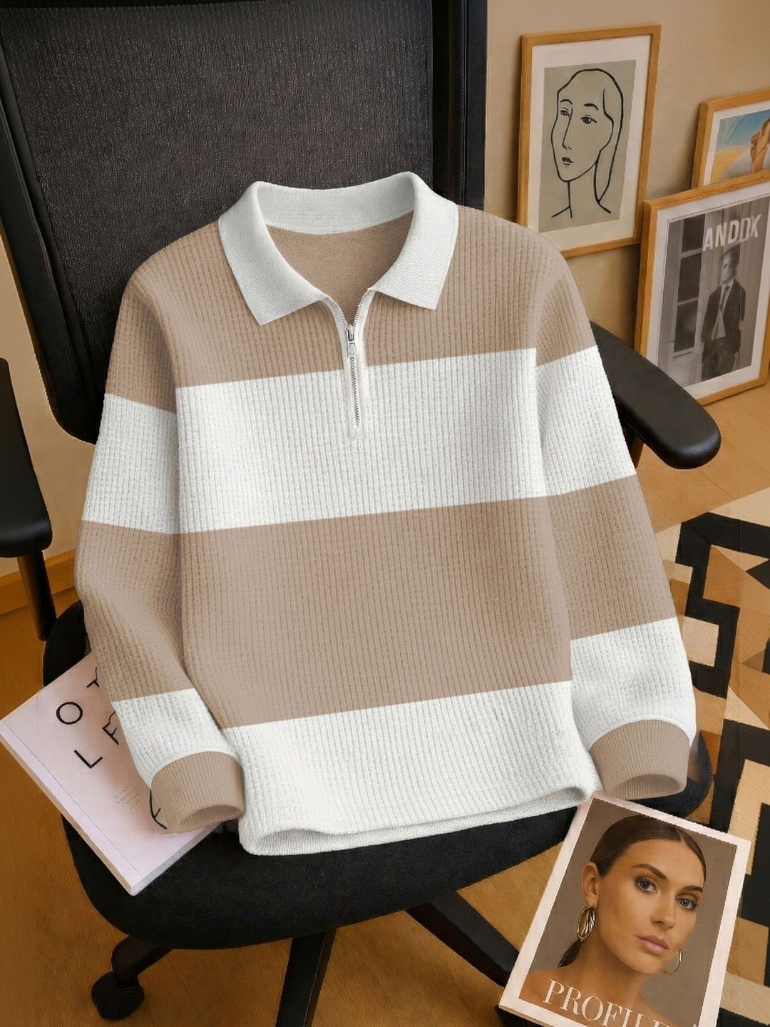 HOODLER Men Striped Polo Collar T-shirt