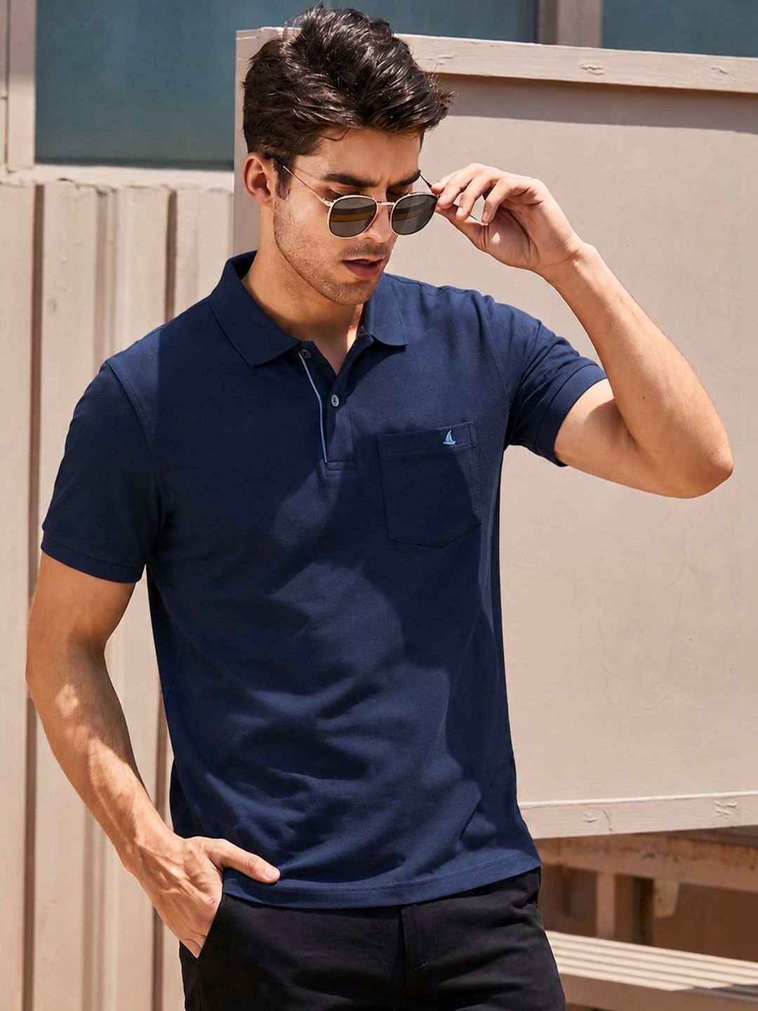Utopium Men Brand Logo Polo Collar Pure Cotton Pockets T-shirt